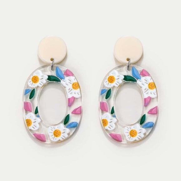 Floral Oval Resin Dangle Earrings NEW! 37O3 - Picture 4 of 11